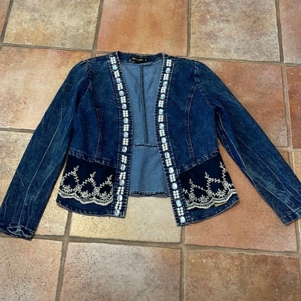 DenimLand pearl rhinestone and lace embellished  acid washed denim jacket